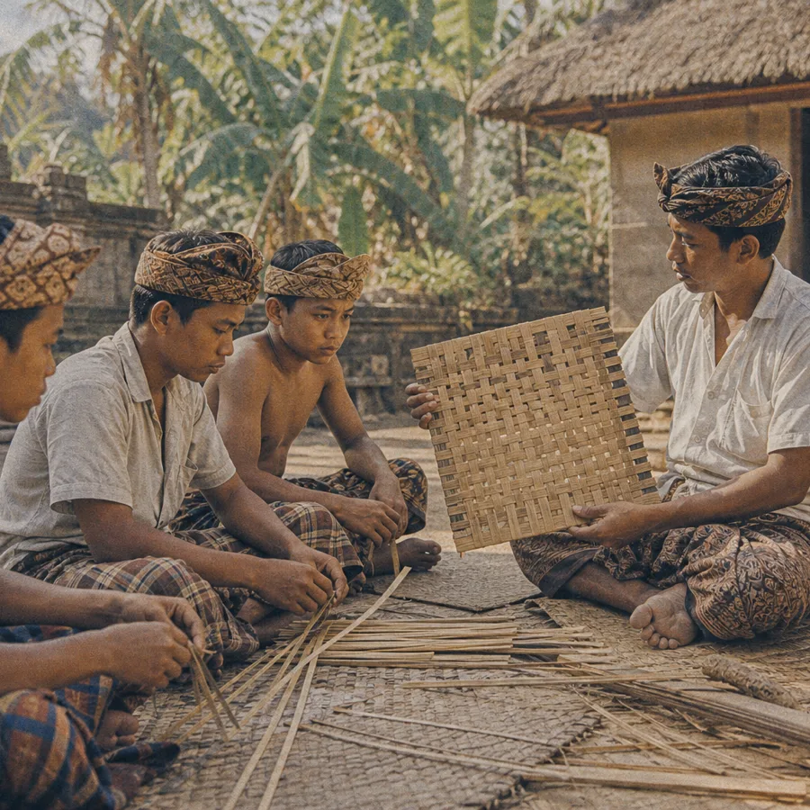 Young Balinese men learning bamboo weaving in a village courtyard, vintage archival print