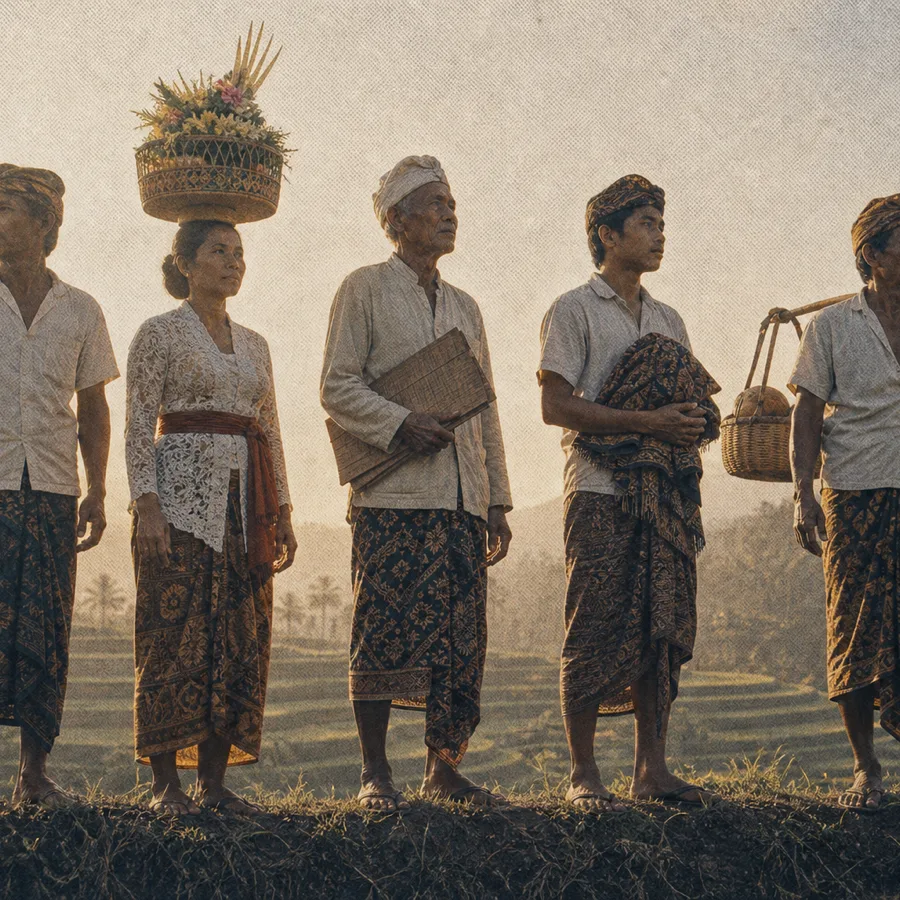 Five Balinese villagers standing on a rice terrace ridge at dawn, vintage archival print