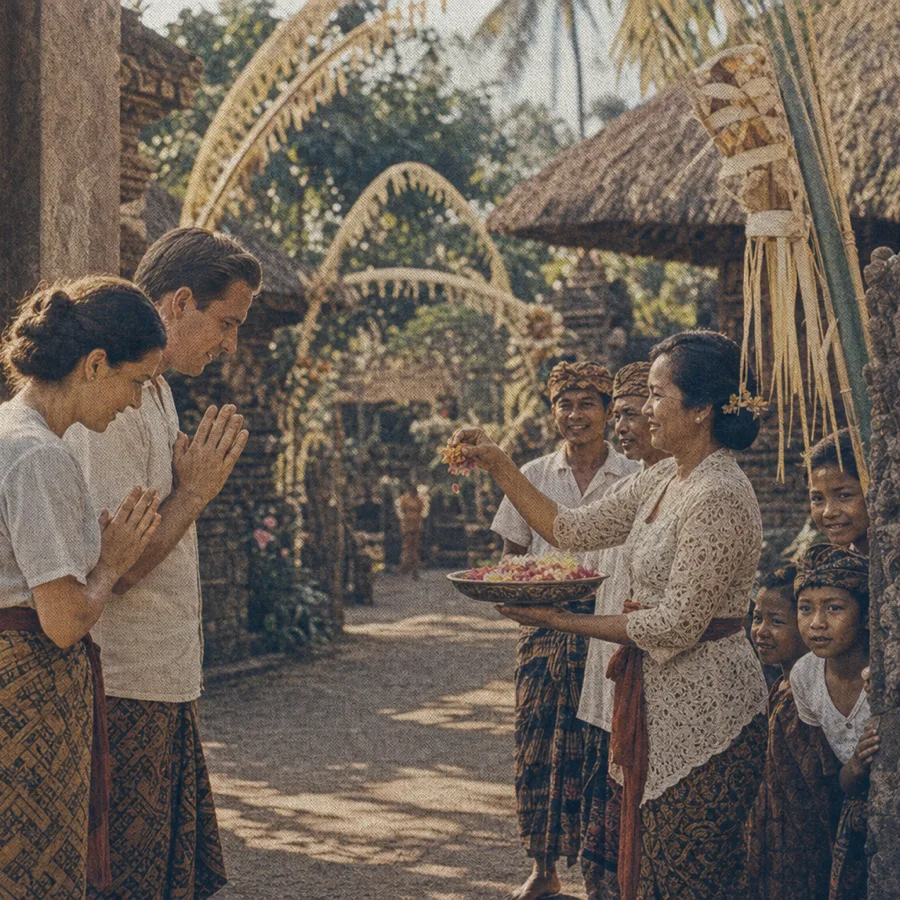 Villagers welcoming guests at a Balinese compound gate, vintage archival print