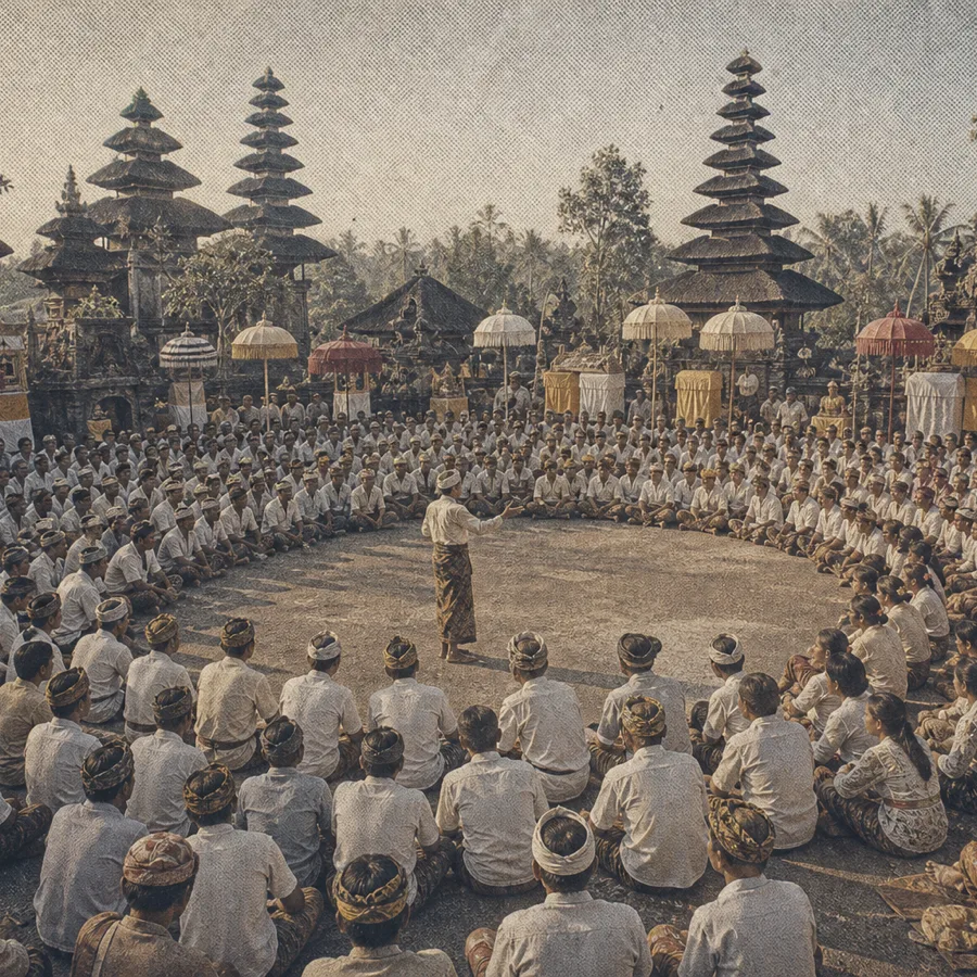 Large gathering of Balinese villagers in a temple courtyard, vintage archival print