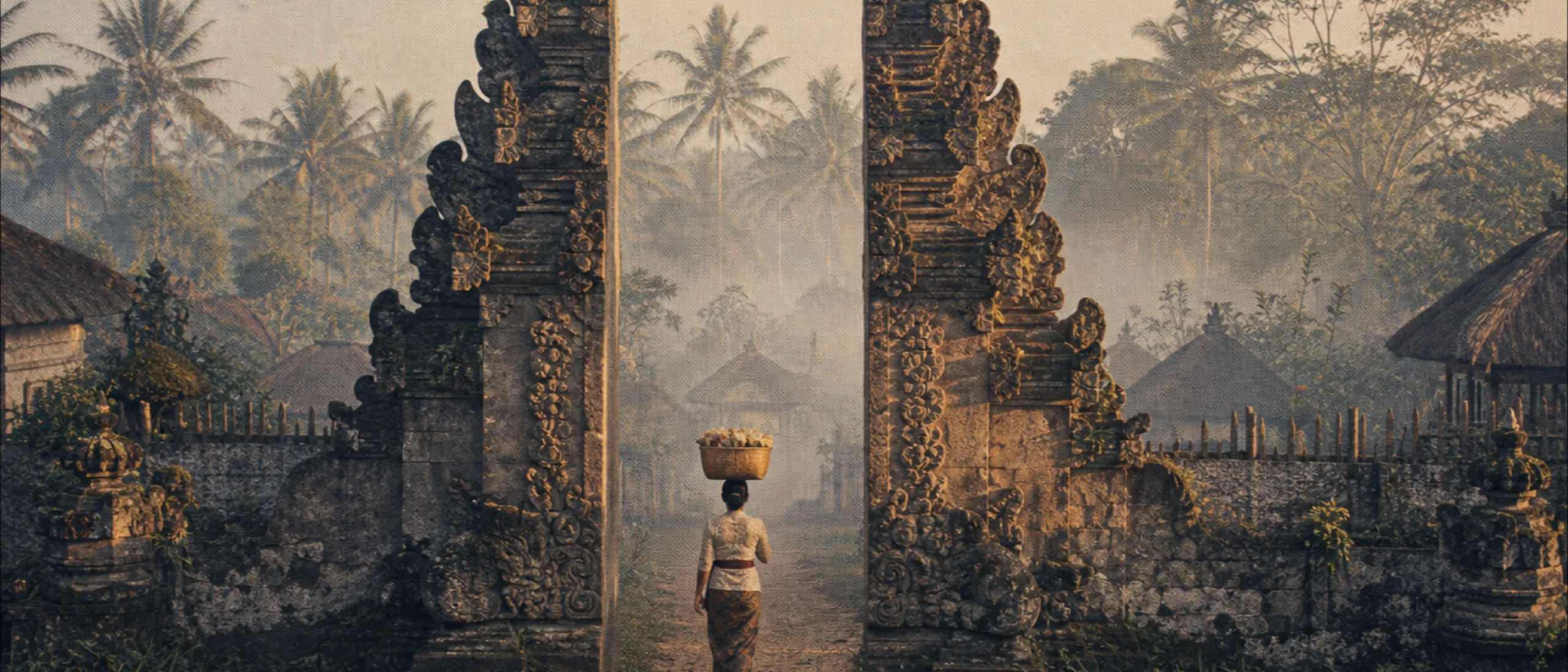 Woman with basket walking through a carved Balinese split gate in morning mist, vintage archival print