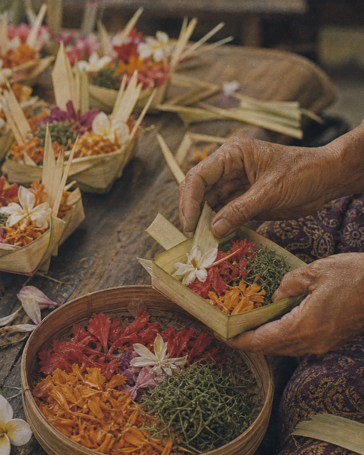 Hands folding palm-leaf offering trays with flower petals, vintage archival print