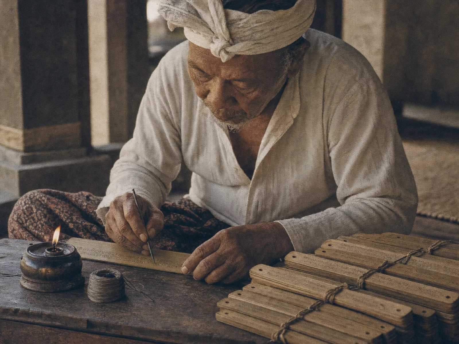 Scribe inscribing a lontar palm-leaf manuscript at a low desk, vintage archival print
