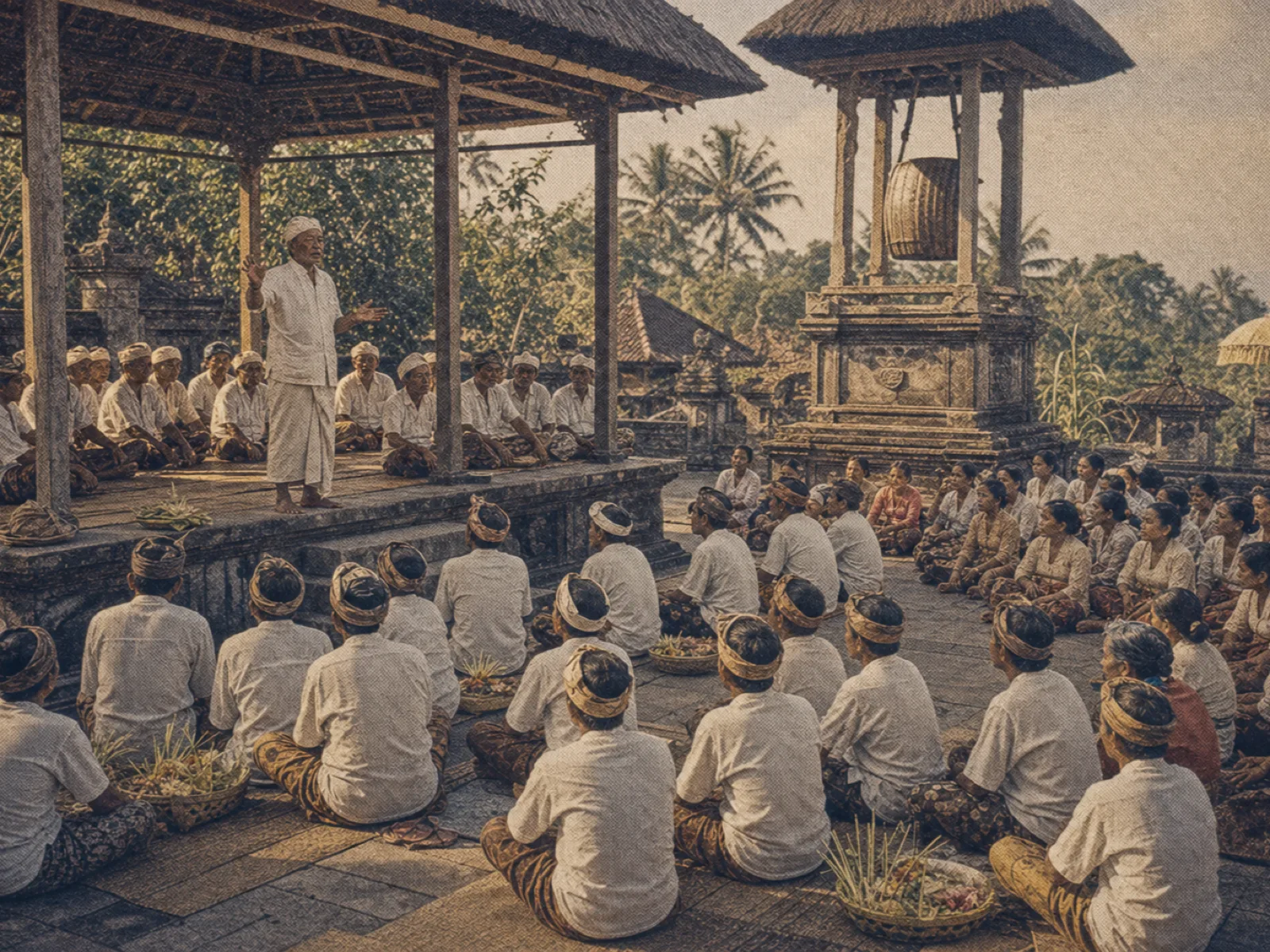 Balinese banjar community assembly in an open pavilion, vintage archival print