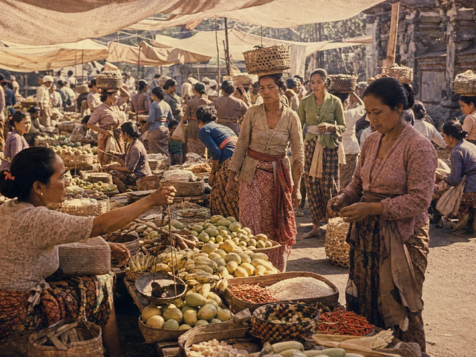 Balinese village market with women selling produce from baskets, vintage archival print