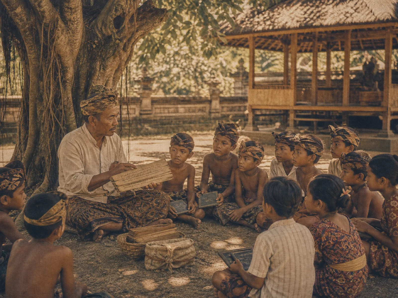 Children learning from a lontar manuscript under a banyan tree, vintage archival print