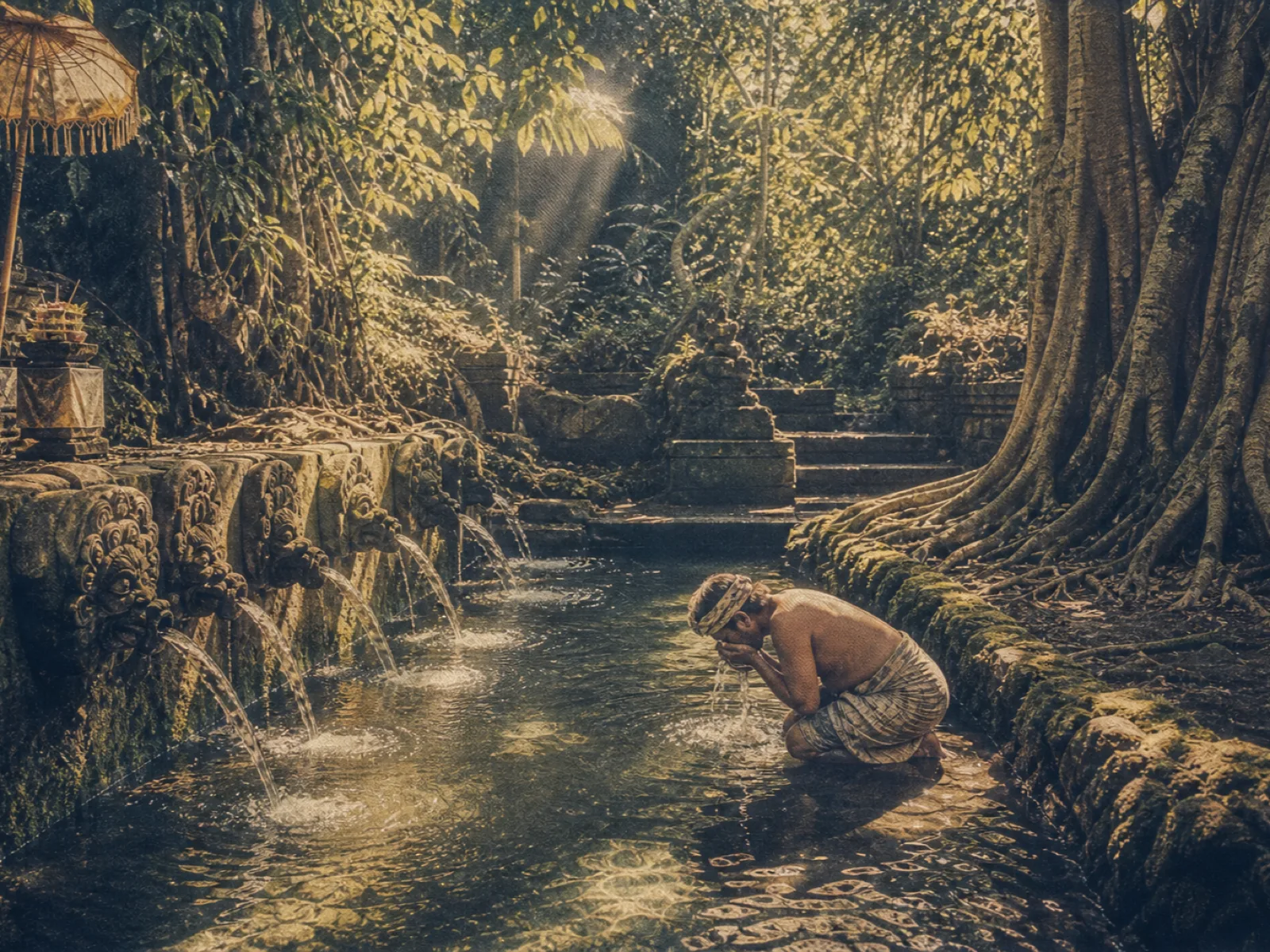 Farmer drinking at a carved stone spring in Balinese forest, vintage archival print