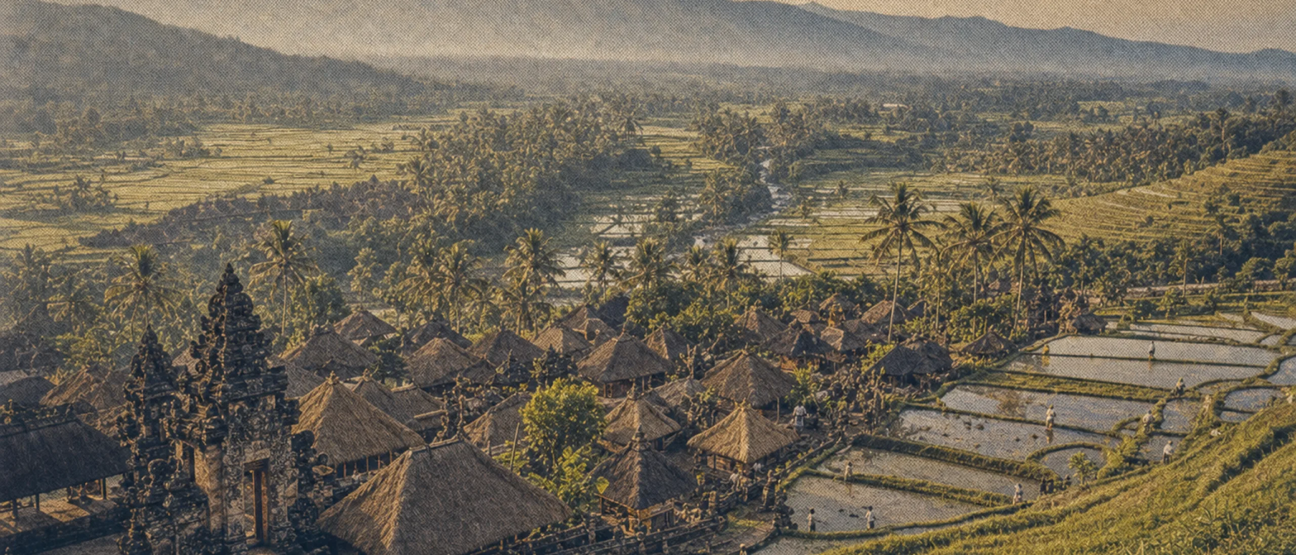 Balinese village, rice terraces, and temple seen from a hilltop, vintage archival print