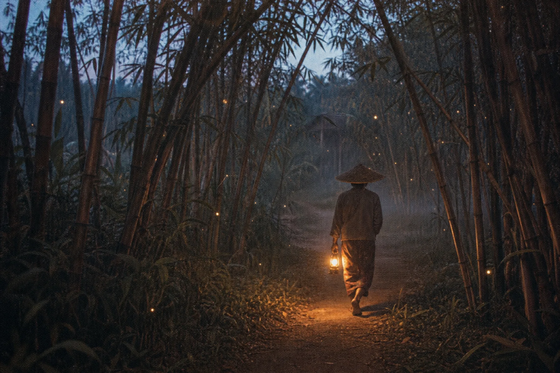 Farmer with an oil lamp on a misty bamboo forest path at dusk, vintage archival print