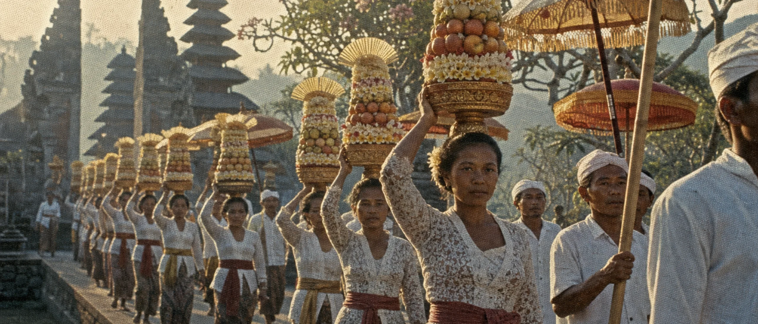 Balinese women carrying temple offerings in a ceremonial procession, vintage archival print
