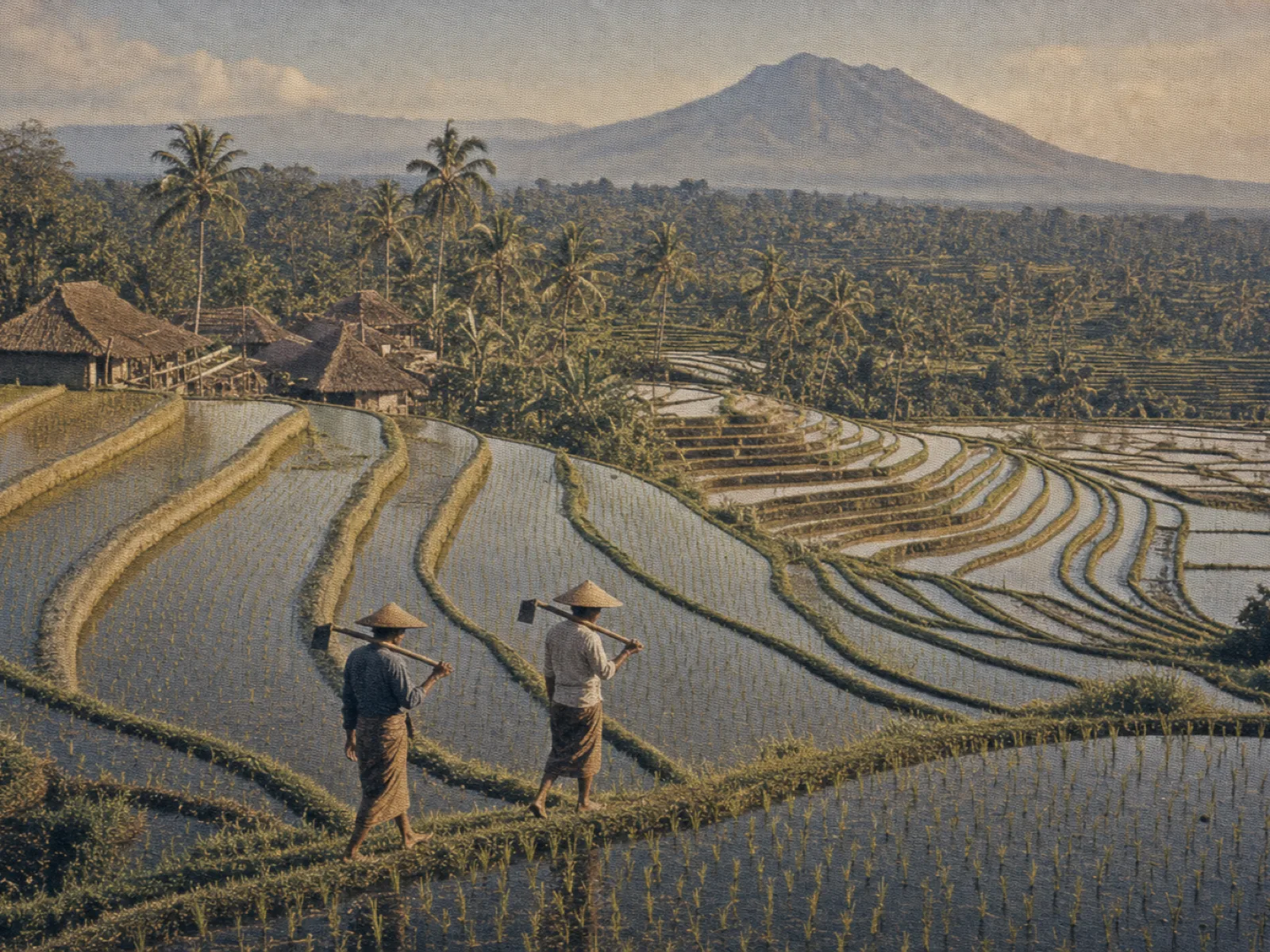 Terraced subak rice fields with farmers on a ridge path, vintage archival print
