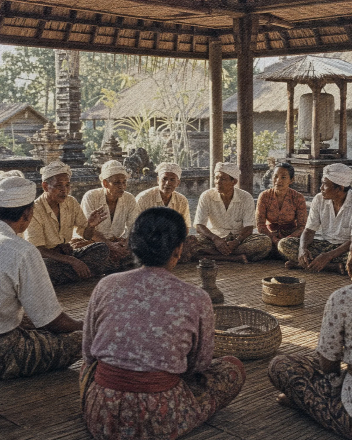 Balinese villagers gathered in a bamboo community pavilion, vintage archival print