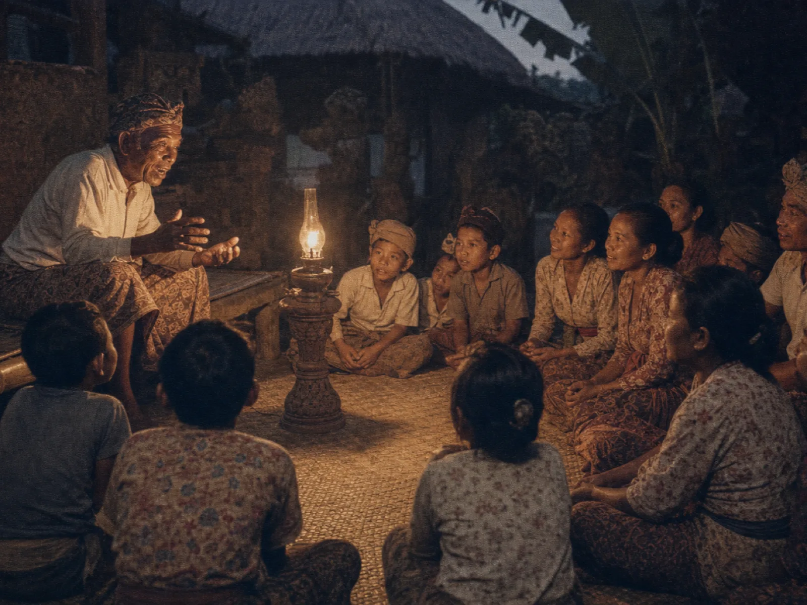 Villagers gathered around a storyteller by oil lamp, vintage archival print