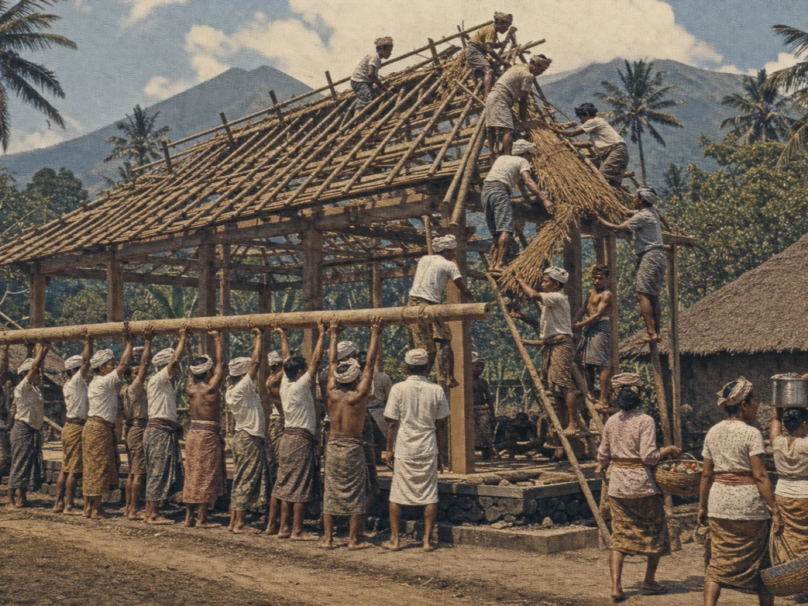 Balinese villagers building a bamboo pavilion together, vintage archival print
