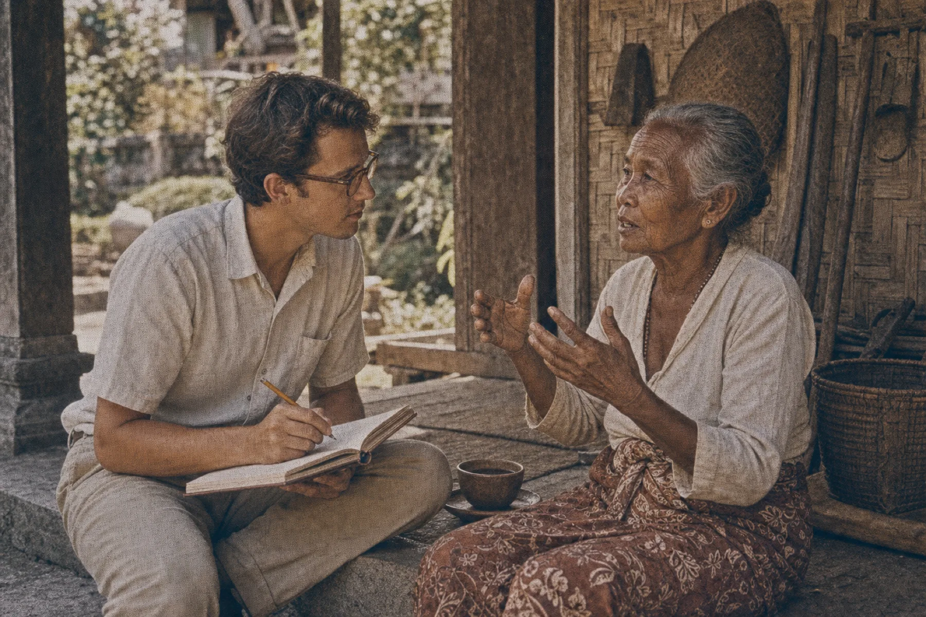Young researcher taking notes while a Balinese elder speaks, vintage archival print