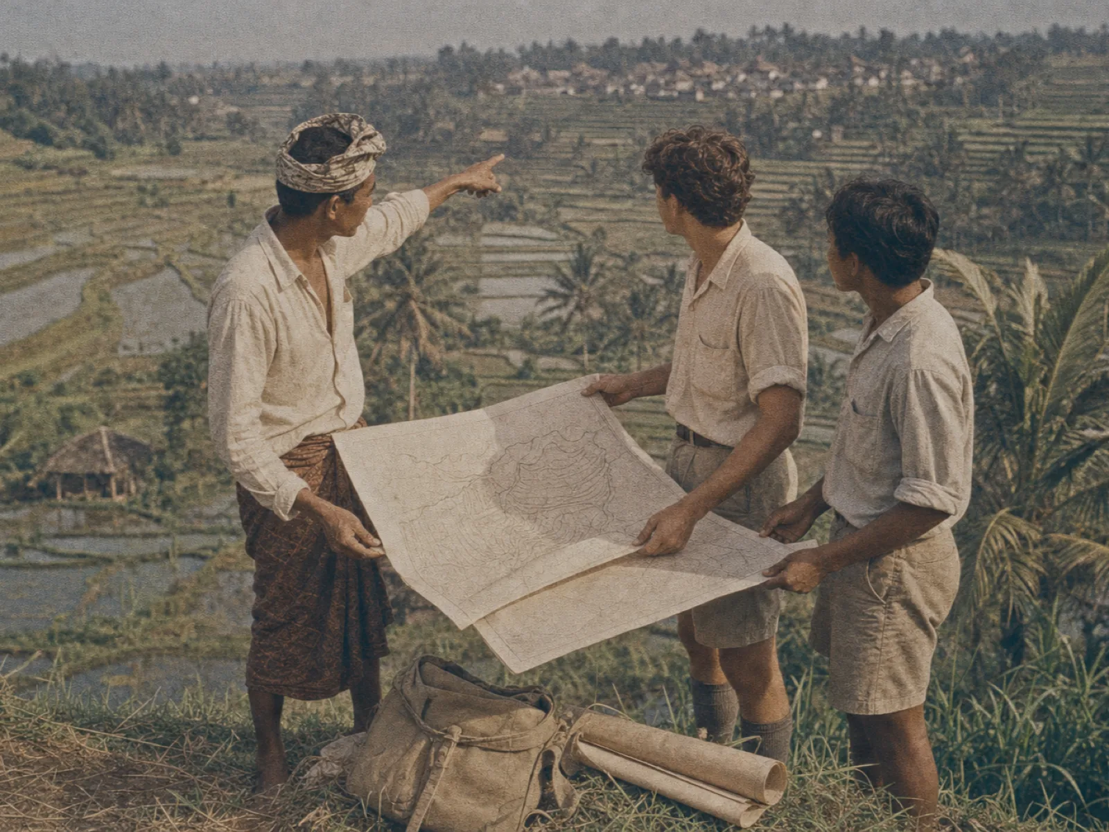 Survey party studying a hand-drawn map above rice terraces, vintage archival print