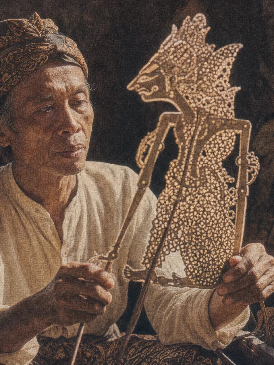 Shadow-puppet master examining a wayang puppet by window light, vintage archival print