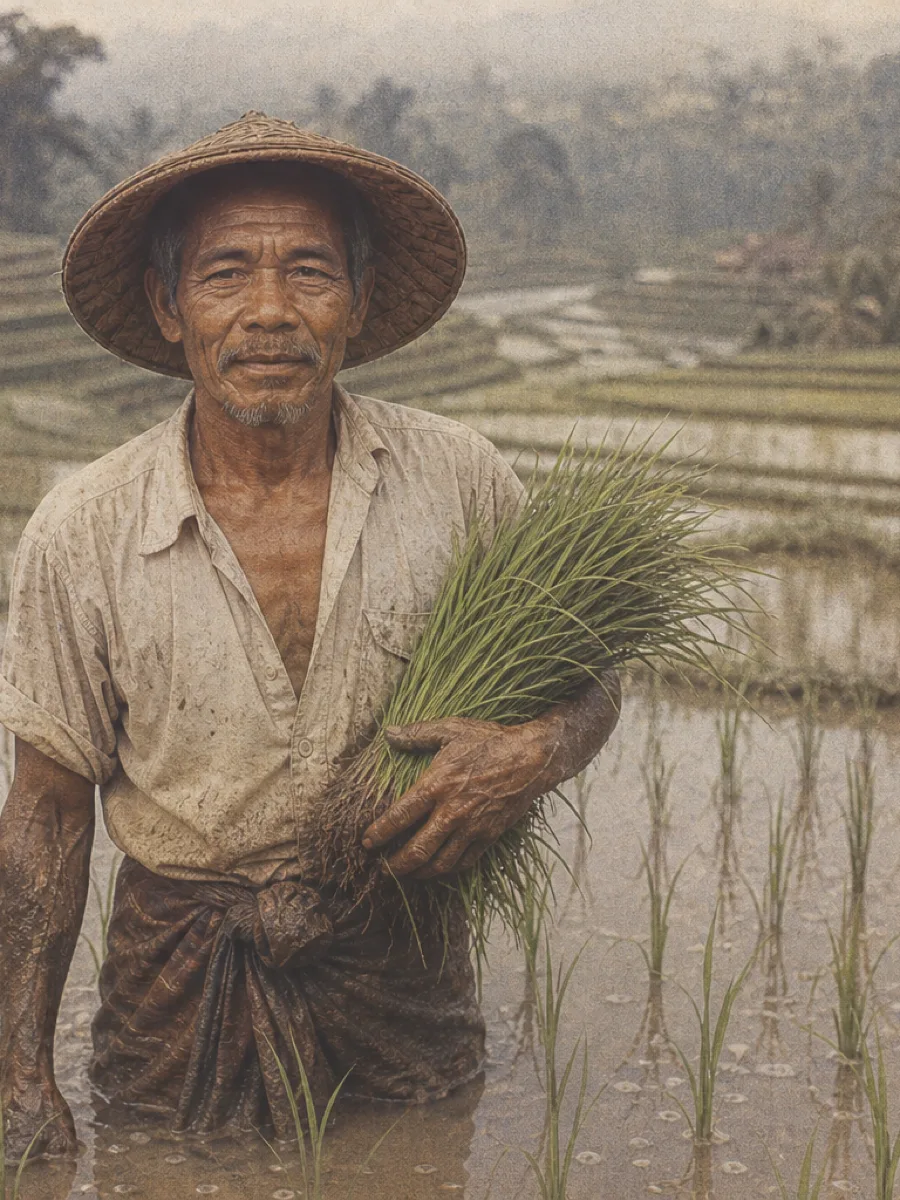 Balinese rice farmer holding seedlings in a flooded terrace, vintage archival print