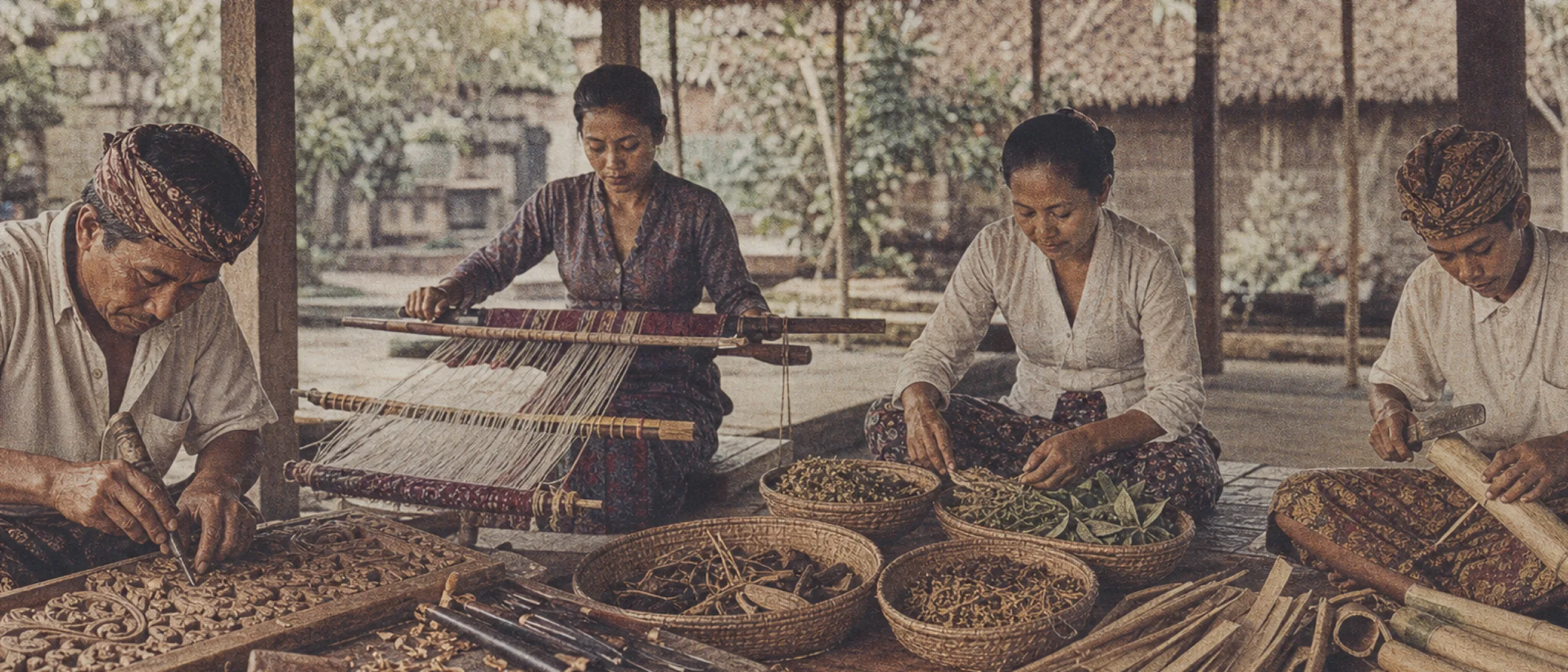 Balinese carver, weaver, herbalist, and bamboo worker side by side in a pavilion, vintage archival print