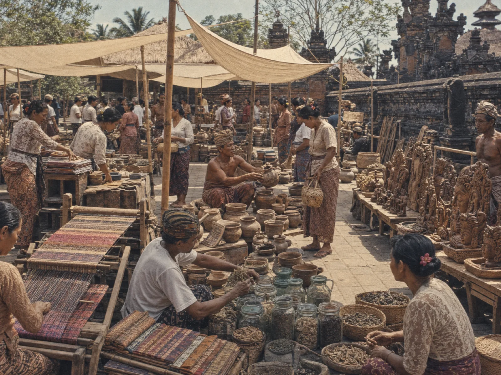 Makers selling cloth, pottery, and herbs at a Balinese market day, vintage archival print