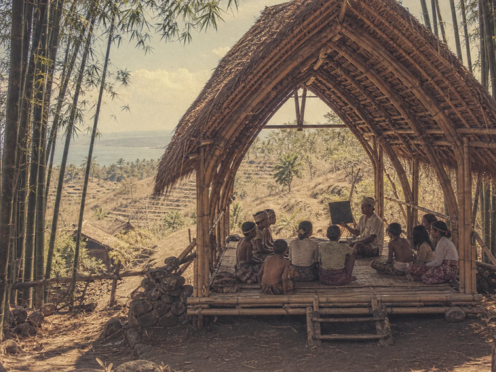 Bamboo learning pavilion among groves in North Bali hills, vintage archival print