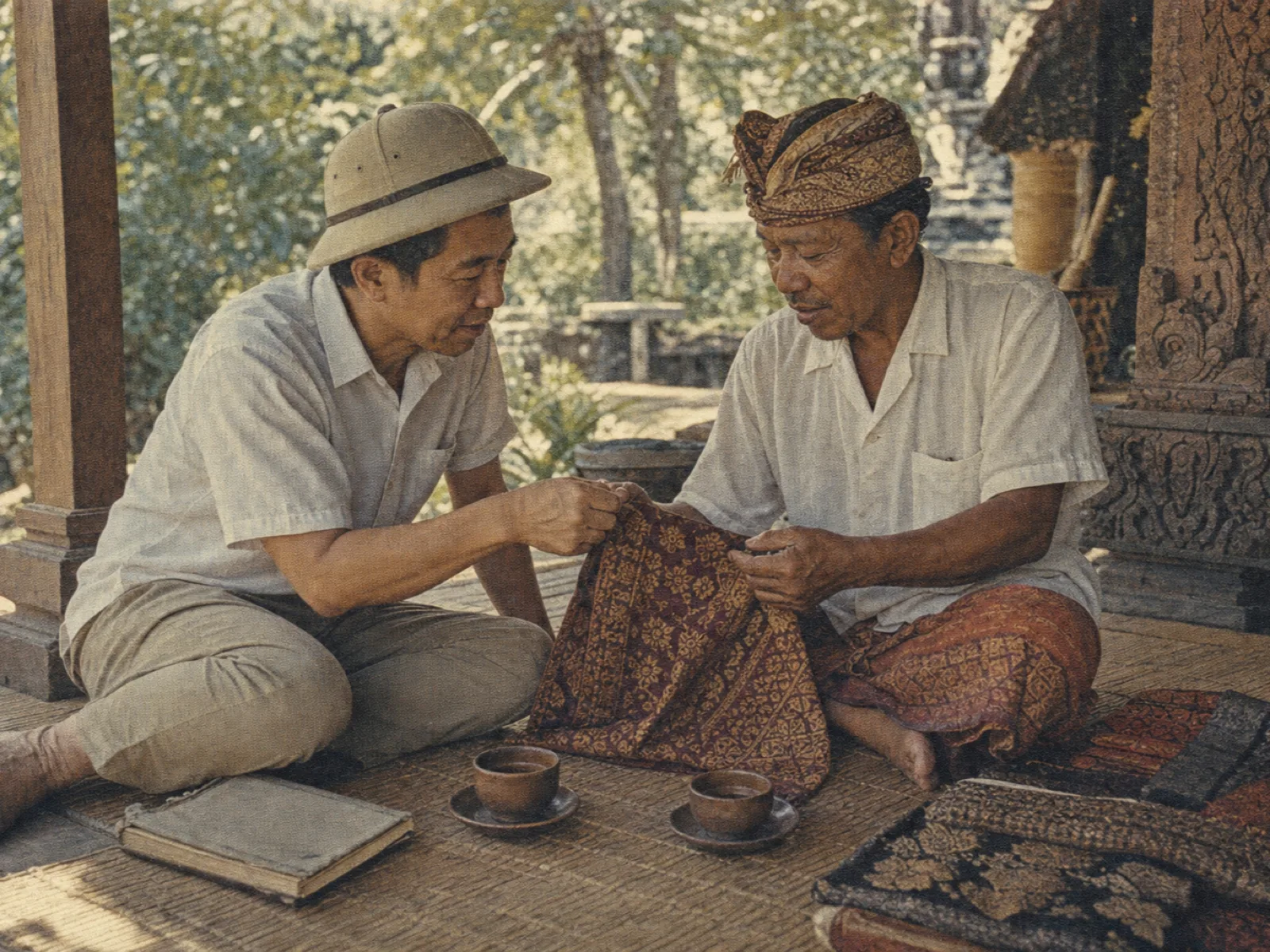 Japanese visitor and Balinese weaver studying songket cloth together, vintage archival print
