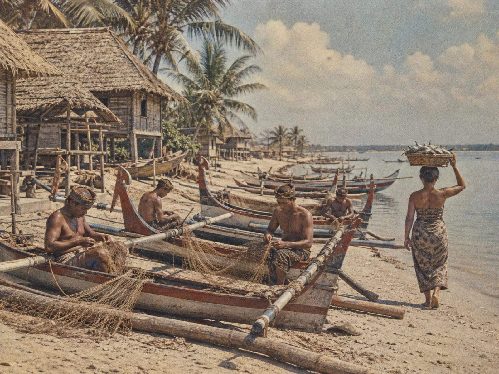 Outrigger canoes and net-mending fishermen on Serangan shore, vintage archival print