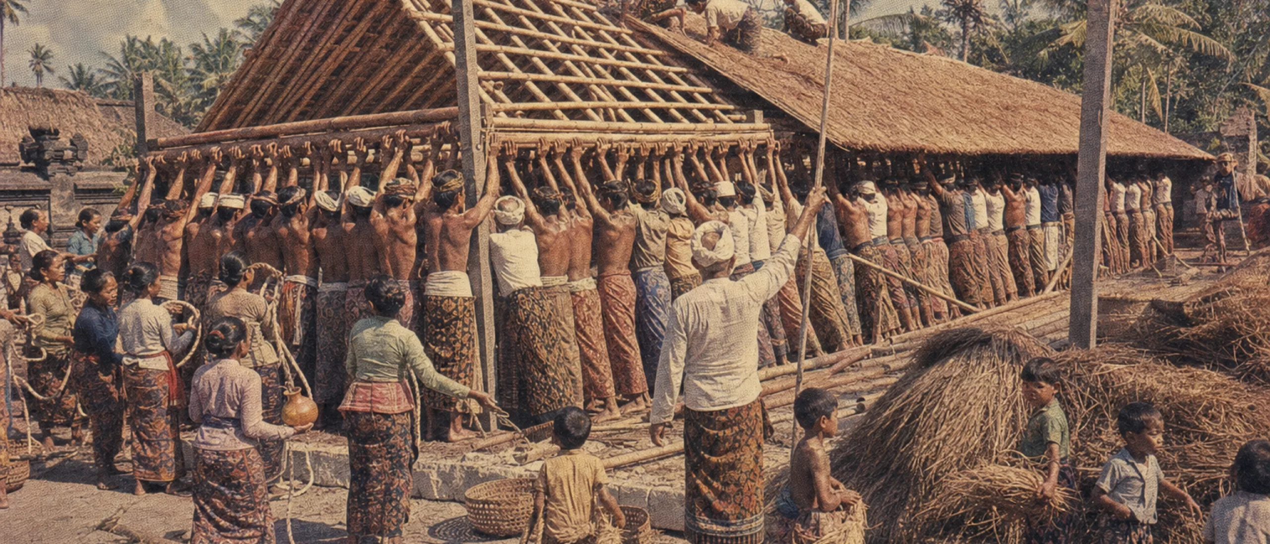 Villagers lifting a bamboo roof frame together, vintage archival print