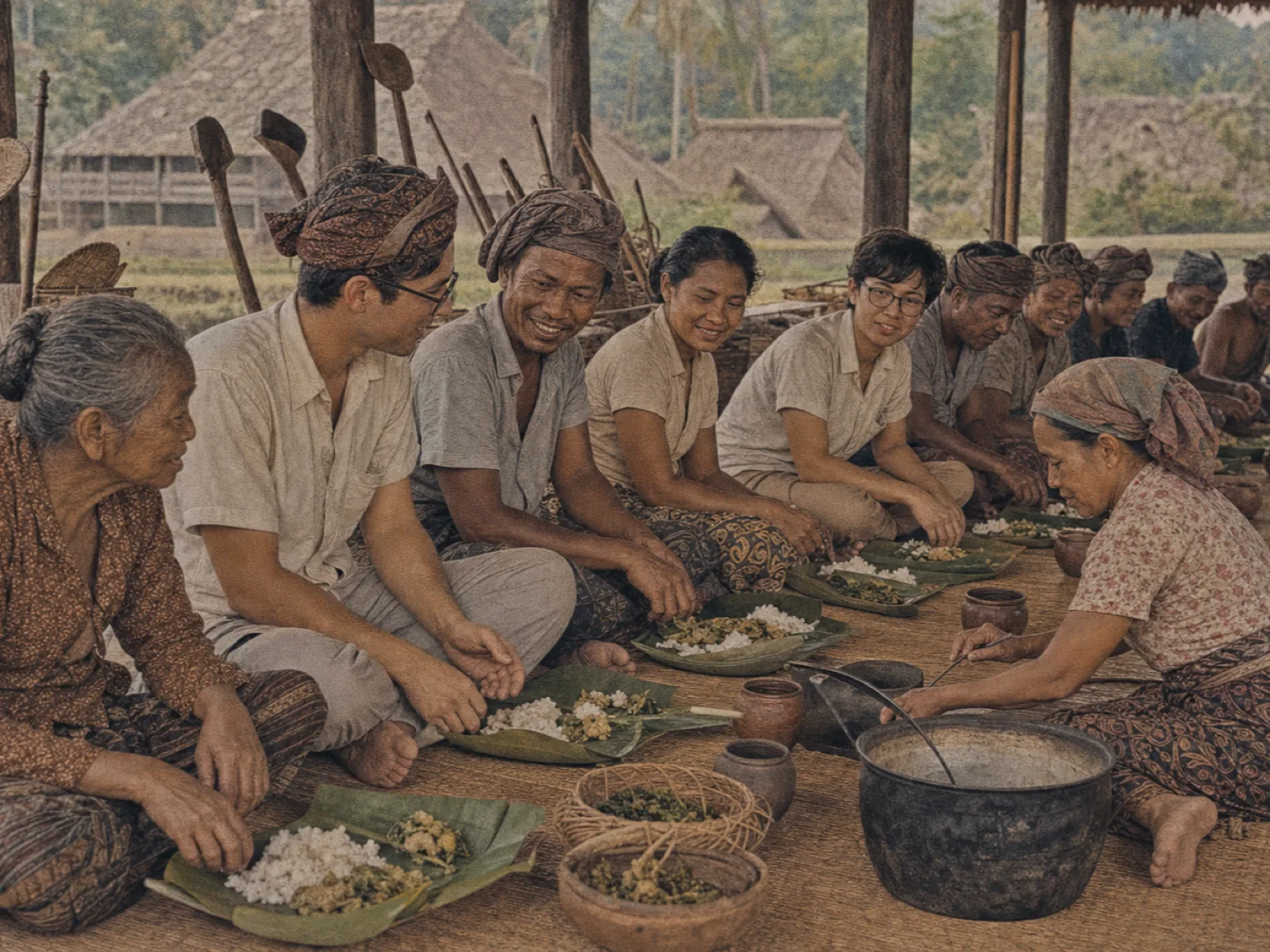 Villagers and guests sharing a banana-leaf meal after a work day, vintage archival print