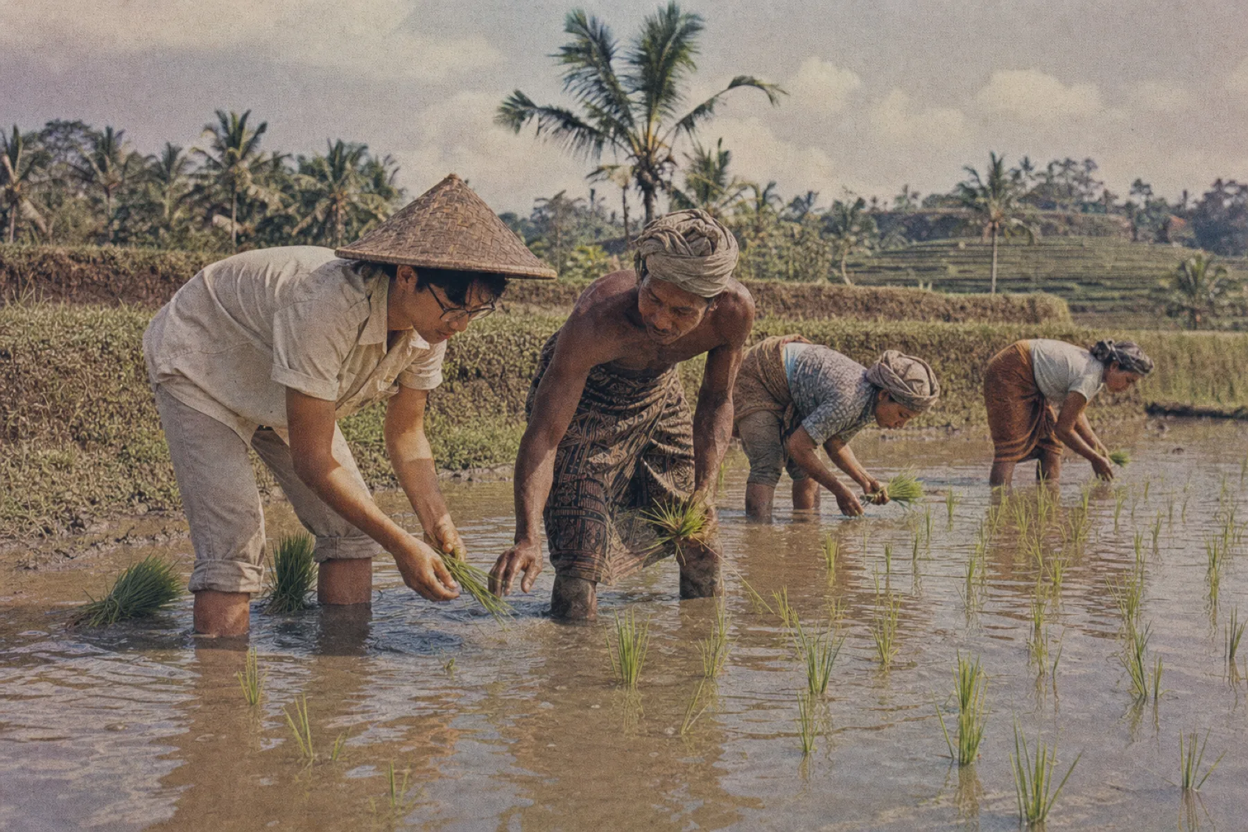 Visitor learning rice transplanting from a Balinese farmer in a flooded paddy, vintage archival print
